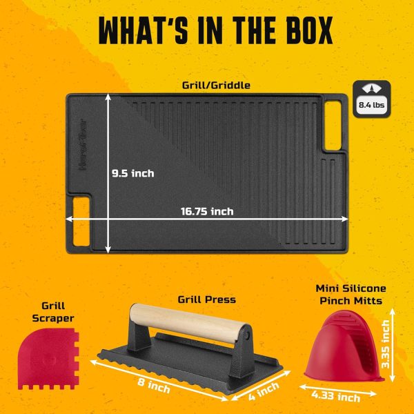 Cast Iron Reversible Grill/Griddle Set with Press, Scraper & Mitts - Pre-Seasoned, Non-Stick - 16.75" x 9.5" - Gas Stove, Grill, Camping, Indoor and Outdoor Cooking - Image 2