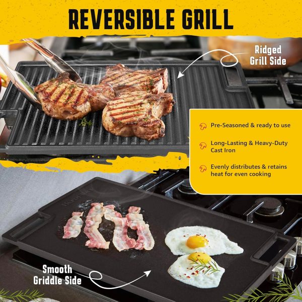 Cast Iron Reversible Grill/Griddle Set with Press, Scraper & Mitts - Pre-Seasoned, Non-Stick - 16.75" x 9.5" - Gas Stove, Grill, Camping, Indoor and Outdoor Cooking - Image 3