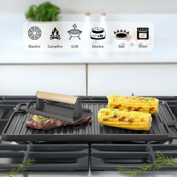 Cast Iron Reversible Grill/Griddle Set with Press, Scraper & Mitts - Pre-Seasoned, Non-Stick - 16.75" x 9.5" - Gas Stove, Grill, Camping, Indoor and Outdoor Cooking - Image 5