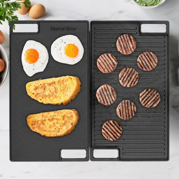 Cast Iron Reversible Grill/Griddle Set with Press, Scraper & Mitts - Pre-Seasoned, Non-Stick - 16.75" x 9.5" - Gas Stove, Grill, Camping, Indoor and Outdoor Cooking - Image 6