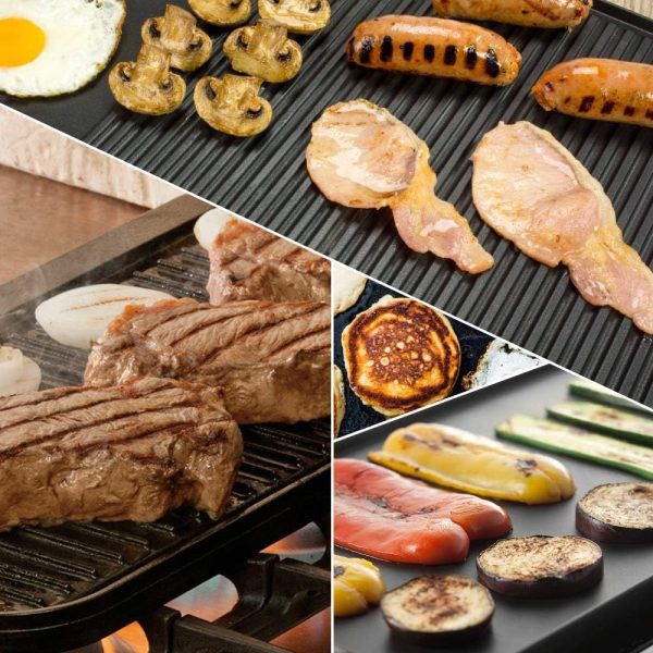 Cast Iron Reversible Grill/Griddle Set with Press, Scraper & Mitts - Pre-Seasoned, Non-Stick - 16.75" x 9.5" - Gas Stove, Grill, Camping, Indoor and Outdoor Cooking - Image 7