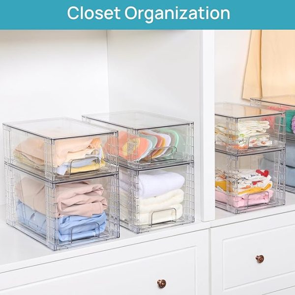 Vtopmart 4 Pack Large Stackable Storage Drawers,Easily Assemble Acrylic Bathroom Closet Undersink Organizers and Storage,Plastic Storage Bins for Kitchen Cabinets,Pantry,Makeup,Medicine Organization - Image 2