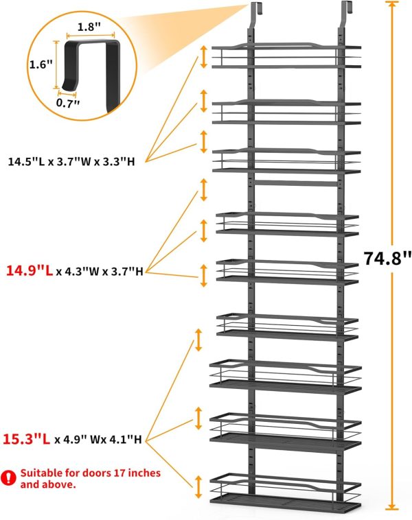 Moforoco 9-Tier Over The Door Pantry Organizer, Pantry Organization and Storage, Black Hanging Basket Wall Spice Rack Seasoning Shelves, Home & Kitchen Bedroom Bathroom House Essentials - Image 2