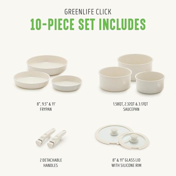 GreenLife Click 10-Piece Ceramic Nonstick Cookware Set, Detachable Handle, Stackable Space Saving Kitchen Essential, Non Toxic PFAS-Free Pots & Pans, Induction & Oven Safe, Glass Lid, Speckled Cream - Image 3