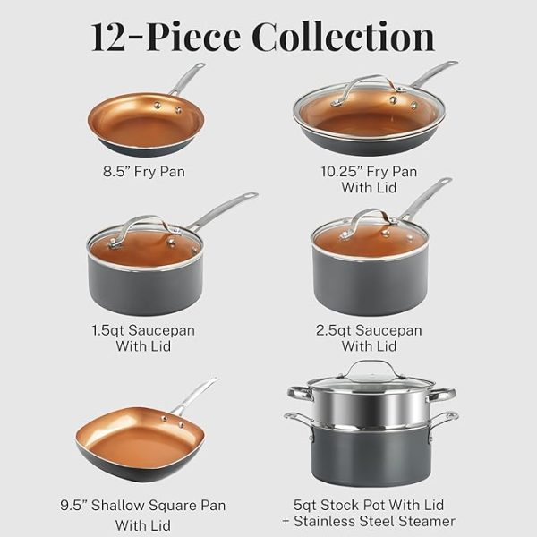 Gotham Steel 12 Pc Ceramic Pots and Pans Set Non Stick, Kitchen Cookware Sets, Pot and Pan Set, Ceramic Cookware Set, Non Toxic Cookware Set, Non Stick Pots and Pan Set, Oven Dishwasher Safe - Copper - Image 4