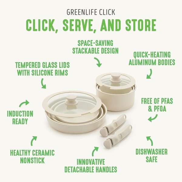 GreenLife Click 10-Piece Ceramic Nonstick Cookware Set, Detachable Handle, Stackable Space Saving Kitchen Essential, Non Toxic PFAS-Free Pots & Pans, Induction & Oven Safe, Glass Lid, Speckled Cream - Image 2