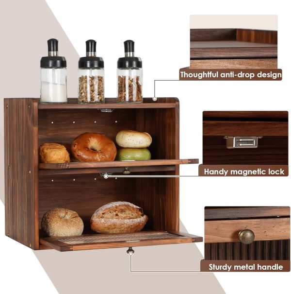 Sunhoo Bread Box for Kitchen Countertop Wooden Bread Storage Container Bin 2 Layer Breadbox Holder Large Capacity Keeper Vintage Farmhouse Food Organizer Pantry Shelf Acrylic Window (Brown) - Image 3